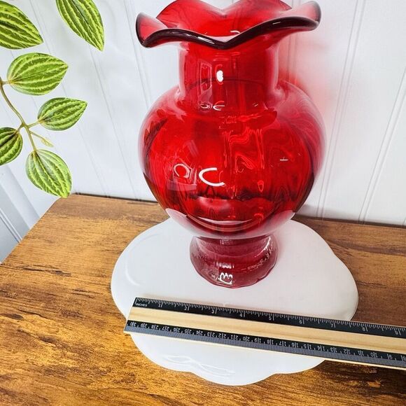 Vintage Ruby Red Glass Vase Bowl Ruffled Ribbed Melon Heavy BEAUTIFUL 9.25” - Picture 11 of 11